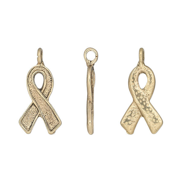 Charm, antique gold-finished "pewter" (zinc-based alloy), 17x10mm single-sided awareness ribbon. Sold per pkg of 20. image number 0