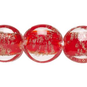 Bead, lampworked glass, red with copper-colored glitter, 20mm puffed flat round. Sold per 15-1/2" to 16" strand.