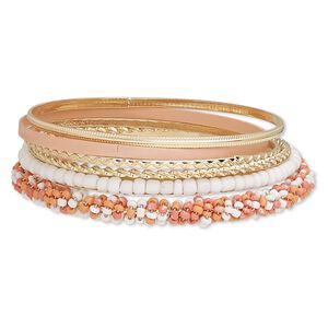 Bracelet, bangle, enamel / glass / gold-finished steel, pink / peach / white, 2-7mm wide, 8 inches. Sold per 6-piece set.