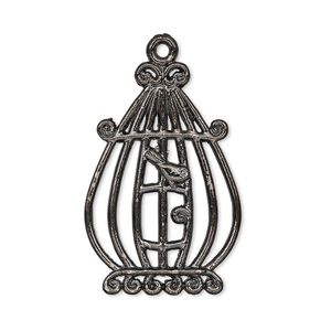 Focal, gunmetal-finished "pewter" (zinc-based alloy), 31x21mm single-sided bird in cage. Sold per pkg of 4.