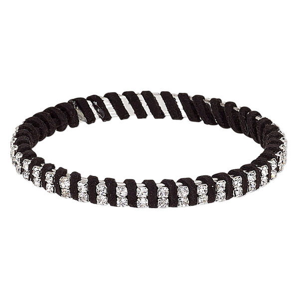 Bracelet, bangle, glass rhinestone / leatherette / silver-plated steel, black and clear, 7mm wide with cupchain, 8 inches. Sold individually. image number 0