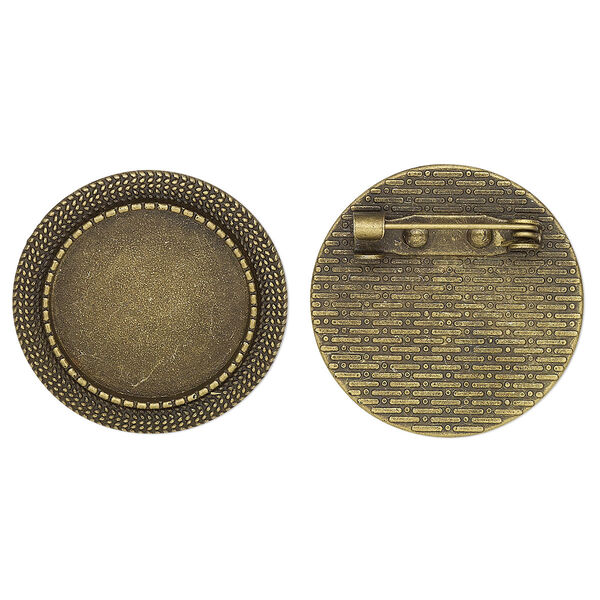 Brooch back, glue-in, antique brass-finished "pewter" (zinc-based alloy), 28mm single-sided round with textured edge and 20mm round setting. Sold per pkg of 2. image number 0