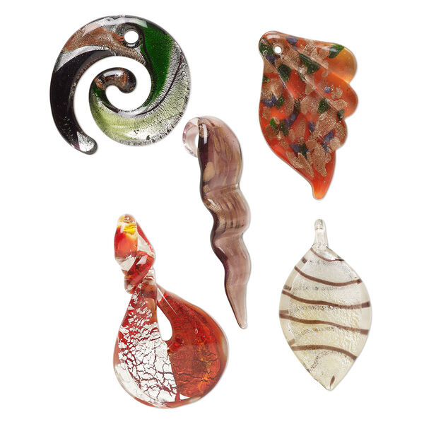 Random focal mix, lampworked glass, opaque and translucent mixed colors with silver-colored foil and copper-colored glitter, 35x34mm-66x50mm mixed shapes. Sold per pkg of 5. image number 0
