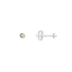 Earstud 1pkg10 sterling silver, 3mm cup / 1.5mm peg / 3-5mm half-drilled round setting / earnuts, 5 pair