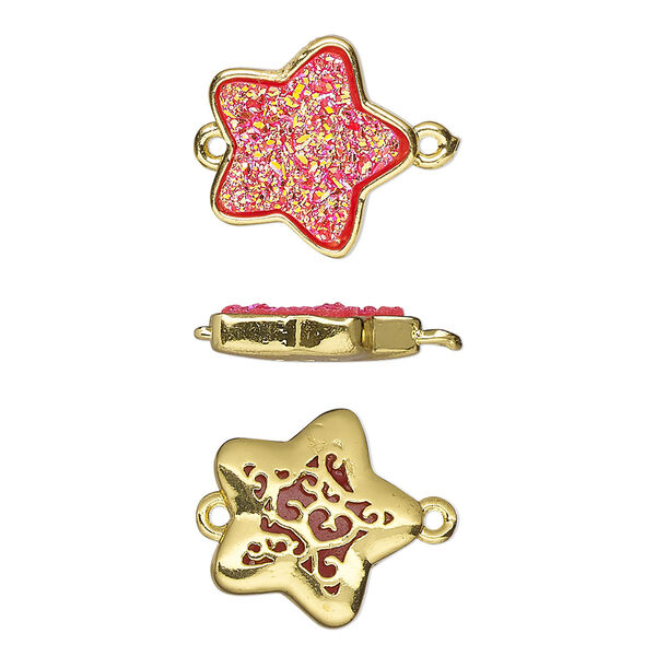 Link, Druzylite™, "druzy" (resin) and gold-finished brass, hot pink, 15x14mm two-sided star with open filigree back. Sold per pkg of 4. image number 0