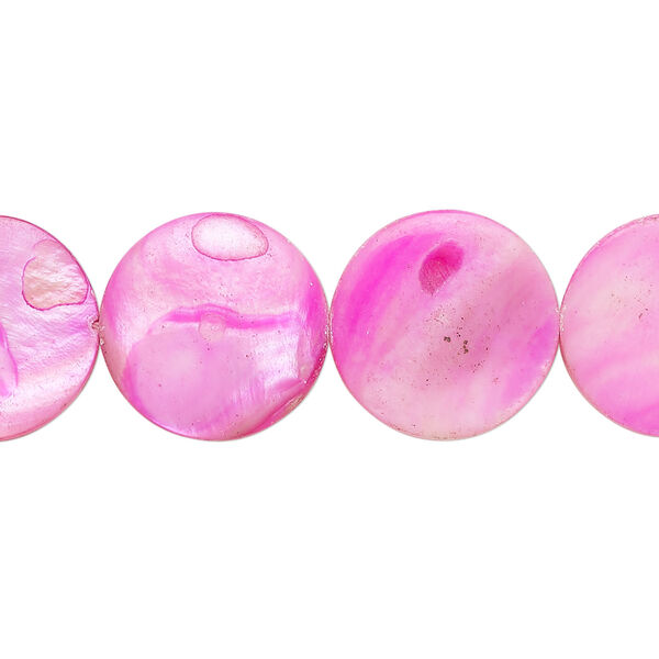Mother-of-pearl shell 1pkg1, puffed flat round bead 15 inch bright pink 14-15mm image number 0