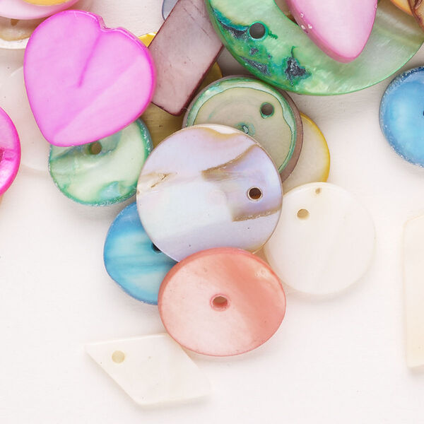 Drop / link / button mix, mother-of-pearl shell (natural / dyed / bleached), mixed colors, 10x10mm-34x28mm mixed shape, Mohs hardness 3-1/2. Sold per 1-ounce pkg, approximately 40 pieces. image number 0