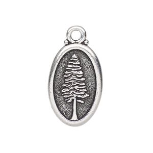 Charm, TierraCast®, antique silver-plated pewter (tin-based alloy), 26x16mm 2-sided oval with redwood and "Not all those who wander are lost." Sold individually.