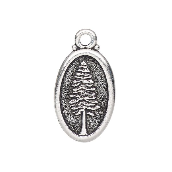 Charm, TierraCast®, antique silver-plated pewter (tin-based alloy), 26x16mm 2-sided oval with redwood and "Not all those who wander are lost." Sold individually. image number 0
