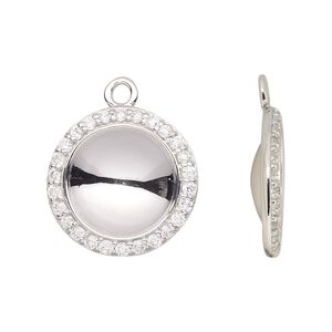 Drop, Almost Instant Jewelry®, rhodium-plated sterling silver and cubic zirconia, clear, 20.5mm round with 14mm rivoli glue-in setting. Sold individually.