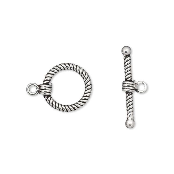 Clasp, toggle, antiqued sterling silver, 12mm twisted round. Sold individually. image number 0