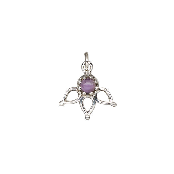 Drop, antiqued sterling silver and amethyst (natural), 14.5 x 12.5mm single-sided open 3-teardrop. Sold individually. image number 0