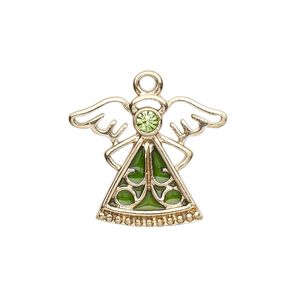 Charm, enamel / crystals / gold-finished "pewter" (zinc-based alloy), peridot and green, 24x19mm single-sided angel. Sold individually.