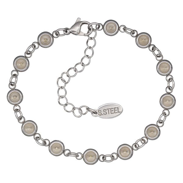 Bracelet, stainless steel, 6.5mm wide, 6-1/2 inches with 2-inch extender chain and lobster claw clasp with (12) PP32 chaton settings. Sold individually. image number 0