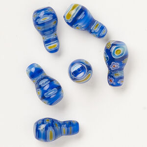 Bead, millefiori glass, translucent cobalt blue / yellow / white, 17x10mm-19x11mm half-drilled vase. Sold per pkg of 6.