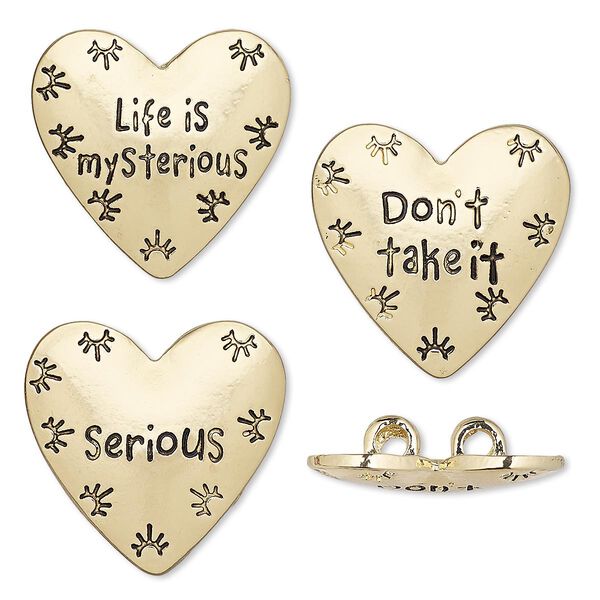 Spacer, gold-finished "pewter" (zinc-based alloy), 25x24mm 2-strand affirmation heart with sunburst "Life is mysterious" / "Don't take it" / "Serious" designs and hidden loops, fits up to 6mm bead. Sold per 3-piece set. image number 0
