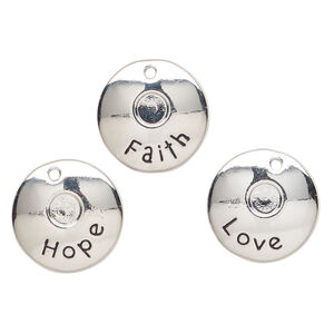 Drop, "pewter" (zinc-based alloy), pkg/3, 18mm round with "Faith" / "Hope" / "Love," antique silver finish.