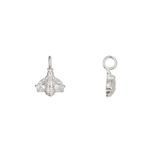 Charm 1pkg1 sterling silver / cubic zirconia 9x7mm bee perpendicular loop, clear