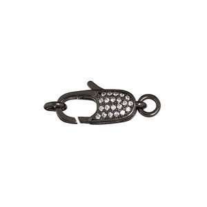 Clasp lobster claw 1pkg1, 17x7mm double-sided / 5mm jump ring, black-finished brass / cubic zirconia clear 1-strand