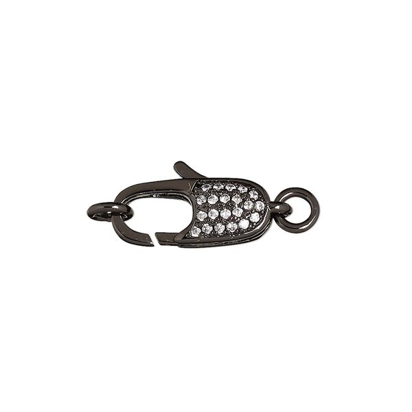 Clasp, lobster claw, cubic zirconia and black-finished brass, clear, 17x7mm double-sided with (2) 5mm jump rings. Sold individually. image number 0