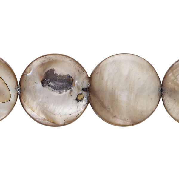 Mother-of-pearl shell 1pkg1, puffed flat round bead 15 inch light brown 17-18mm image number 0