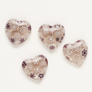 Bead, millefiori glass, clear / translucent purple / white, 18-20mm half-drilled puffed heart. Sold per pkg of 4.