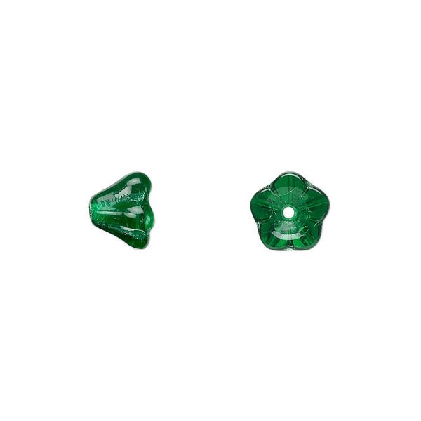 Bead, Czech pressed glass, emerald green, 8.5x6.5mm flower. Sold per 15-1/2" to 16" strand, approximately 80 beads. image number 0
