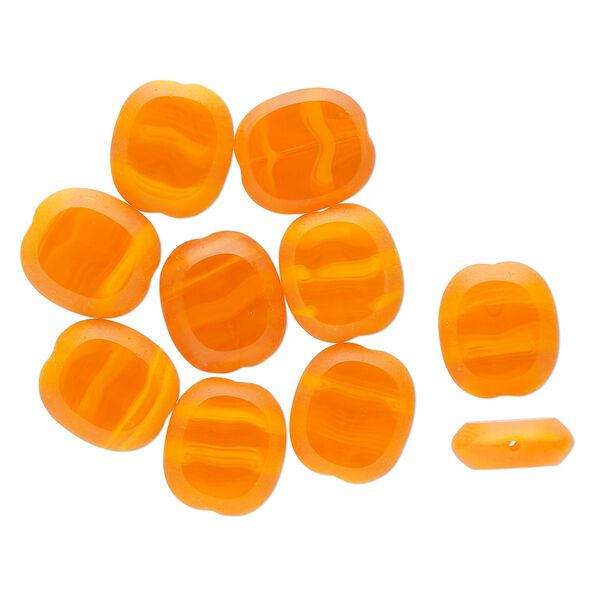 Bead, Czech glass, translucent orange and light orange, 14x12mm flat pillow with banded design. Sold per pkg of 11. image number 0