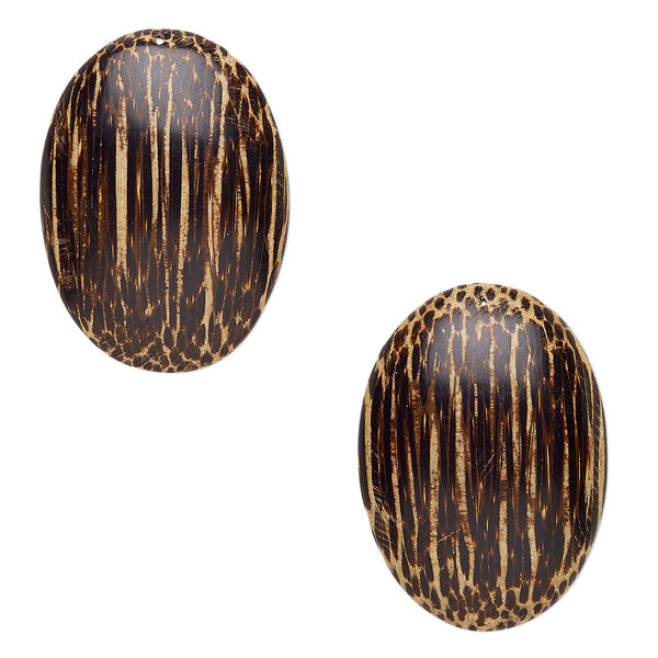 Focal, coconut palm wood (waxed), 40x29mm hand-cut flat backed domed oval. Sold per pkg of 2. image number 0