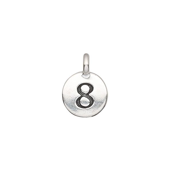 Drop, TierraCast®, antique silver-plated pewter (tin-based alloy), 11.5mm single-sided round with textured number "8." Sold per pkg of 2. image number 0