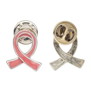 Pin, imitation rhodium-plated "pewter" (zinc-based alloy) / enamel / epoxy, opaque pink, 20x17mm single-sided awareness ribbon. Sold individually.