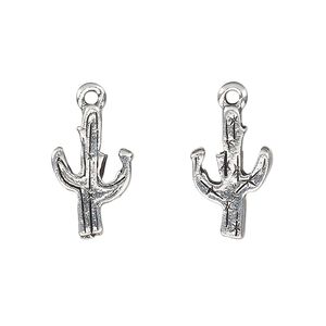 Charm, antique silver-plated pewter (tin-based alloy), 18x11mm two-sided cactus. Sold per pkg of 2.