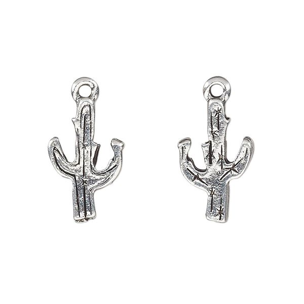 Charm, antique silver-plated pewter (tin-based alloy), 18x11mm two-sided cactus. Sold per pkg of 2. image number 0