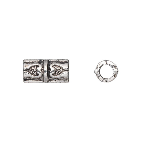 Bead, antique silver-plated "pewter" (zinc-based alloy), 14x7mm tube with hearts. Sold per pkg of 20. image number 0