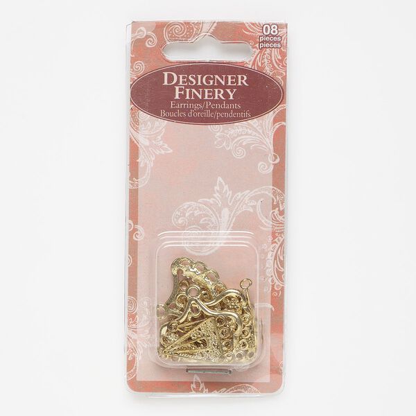 Drop, gold-finished "pewter" (zinc-based alloy), 17x17x14mm triangle with twisted rope swirl design and 4 loops and 25x19mm fancy with roses and 8 loops. Sold per pkg of 8. image number 0