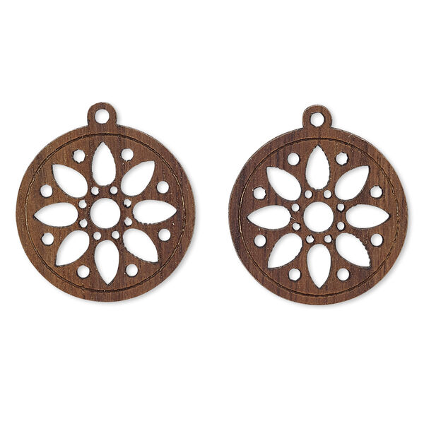 Drop, wood (natural), 19mm double-sided flat round with cutout flower design. Sold per pkg of 2. image number 0