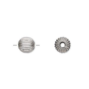 Bead, stainless steel, 8mm corrugated round. Sold per pkg of 2.