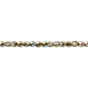 Bead, Czech fire-polished glass, two-tone clear AB and metallic amber gold, 3mm faceted round. Sold per 15-1/2" to 16" strand.