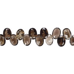 Smoky quartz 1pkg1, hand-cut top-drilled flat-sided faceted puffed oval bead 15 inch 7x5mm-8x6mm