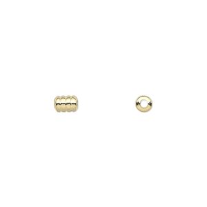 Bead, gold-plated brass, 5x4mm ribbed barrel. Sold per pkg of 100.