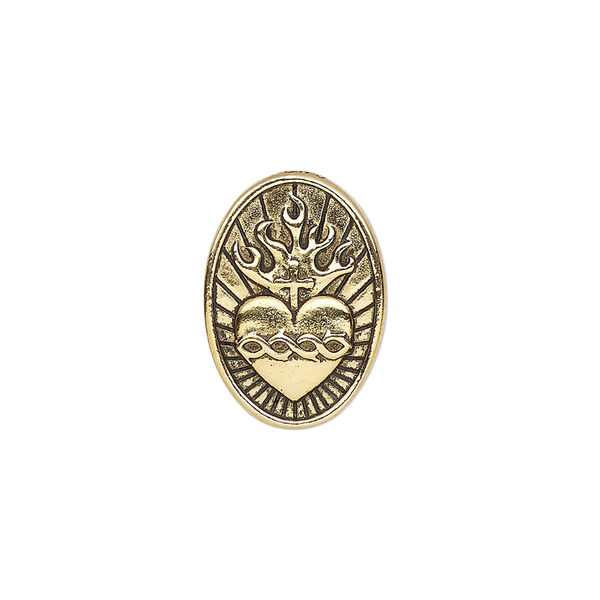 Button, TierraCast®, antique gold-plated pewter, 19x13mm oval with sacred heart and closed loop. Sold individually. image number 0