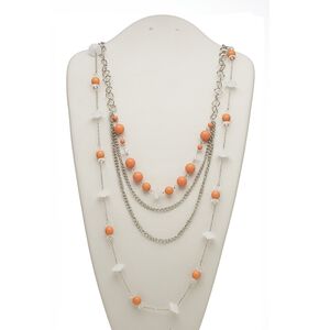 Necklace, 4-strand, acrylic and silver-plated steel, orange / clear / white, 24 inches with 2-inch extender chain and lobster claw clasp. Sold individually.