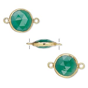 Link, green onyx (dyed) and gold-finished sterling silver, 12mm double-sided faceted round. Sold per pkg of 2.
