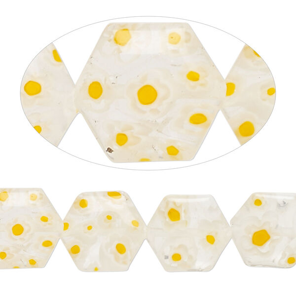 Bead, millefiori glass, yellow and white, 12-13mm puffed hexagon with flower design. Sold per 14-inch strand. image number 0