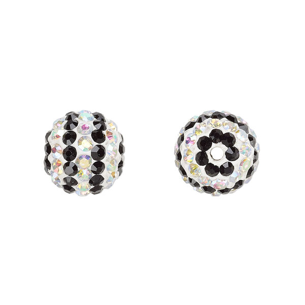 Bead, Egyptian glass rhinestone / epoxy / resin, white / black / clear AB, 12mm round with pavé striped design. Sold individually. image number 0