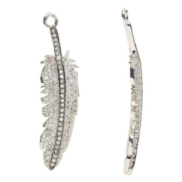 Focal, cubic zirconia / silver- / black-finished brass, clear, 45x13mm single-sided feather. Sold individually. image number 0