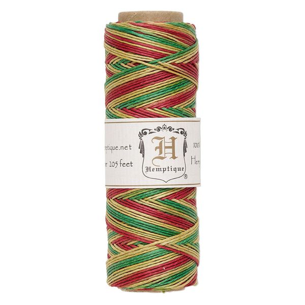Cord, Hemptique®, polished hemp, variegated green / yellow / red, 0.5mm diameter, 10-pound test. Sold per 205-foot spool. image number 0