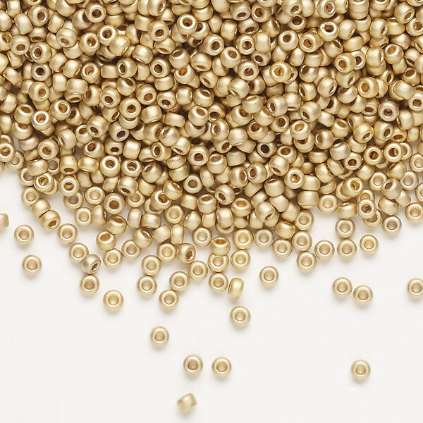 Seed bead, Miyuki, glass, pkg/250g, #11 rocaille, opaque 24Kt gold-plated matte light (RR-193F). image number 0