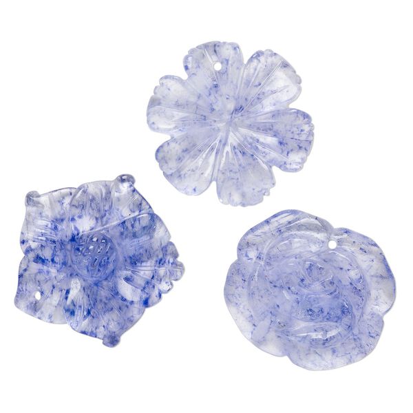 Drop mix, glass, translucent speckled dark purple, 29x26mm-34x33mm top-drilled, carved flower. Sold per pkg of 3. image number 0