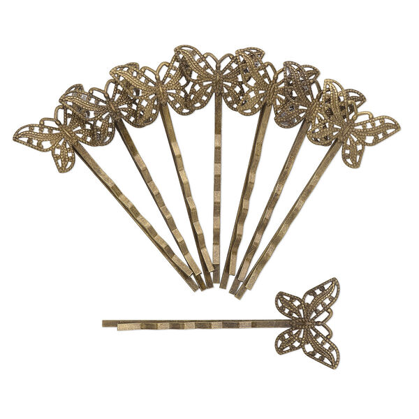 Hair clip, antique brass-plated brass and steel, 2 inches with 22x16mm filigree butterfly. Sold per pkg of 8. image number 0